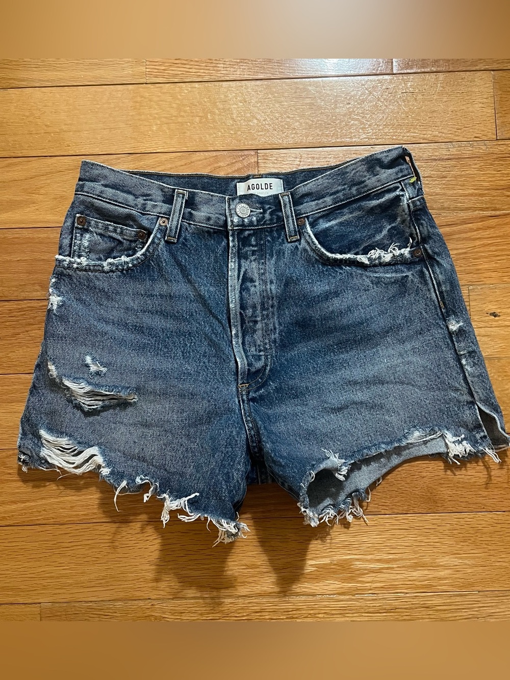 Agolde Dark Wash Frayed Hem High-Rise Denim Shorts
